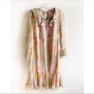 Vintage dress green yellow floral midi handmade ruffles